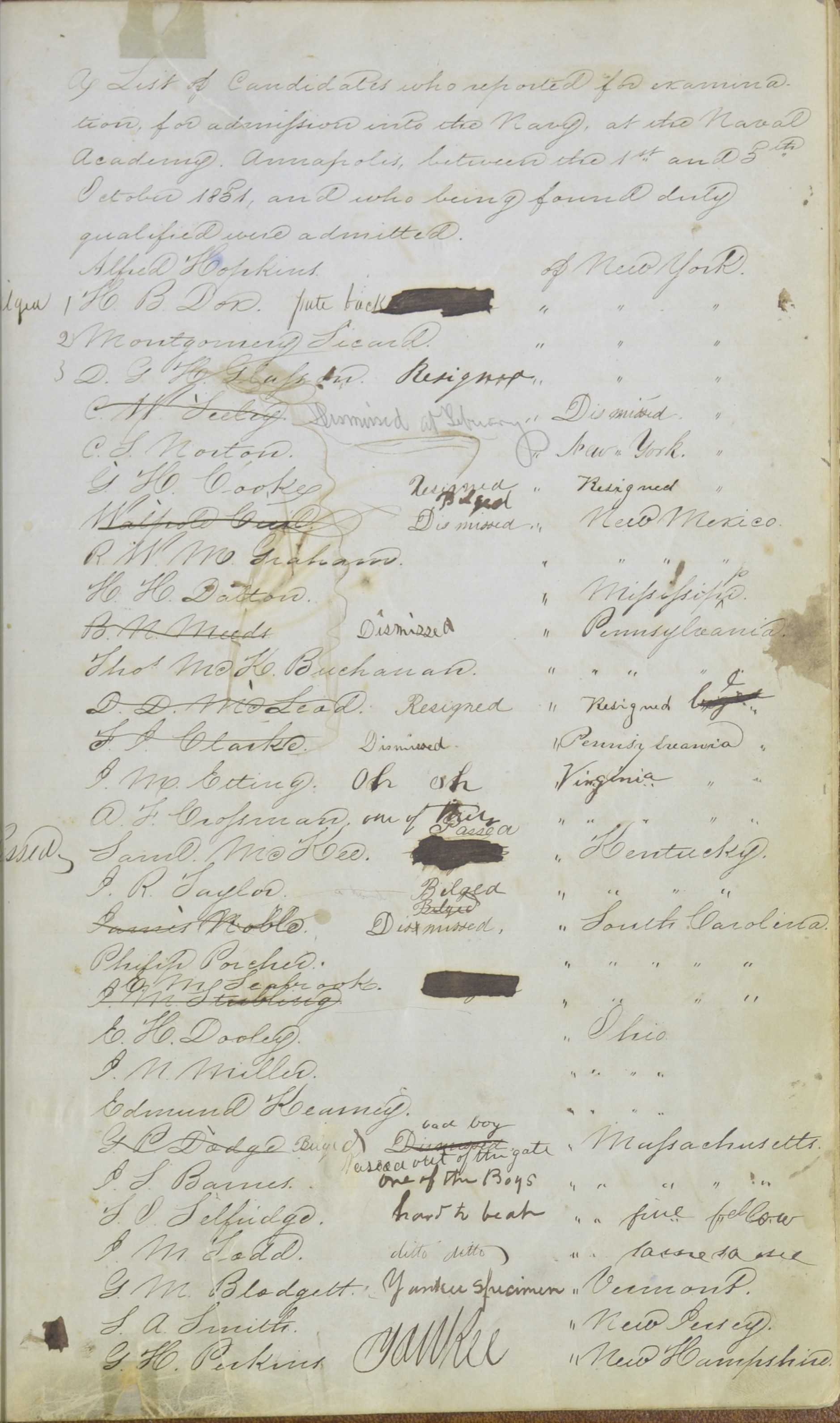 Midshipmen Descriptions: Admissions page 1 1851