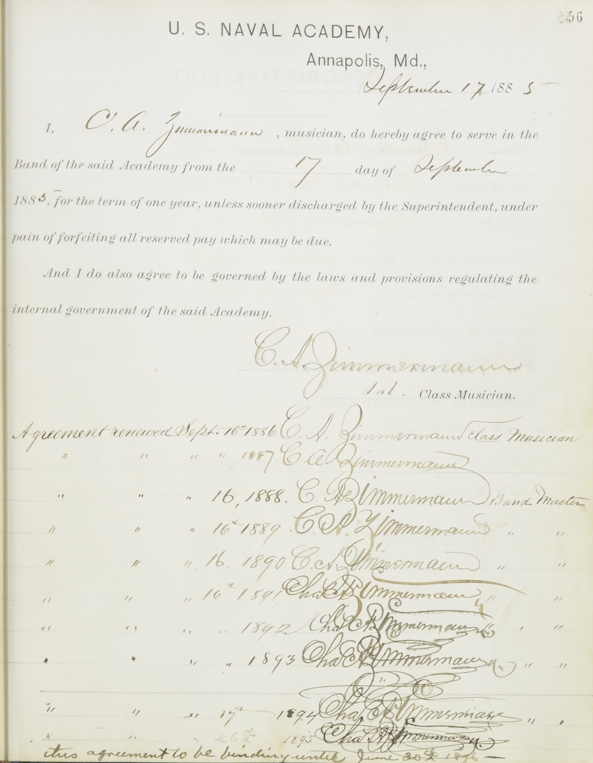 Charles Adams Zimmerman Record of Service Oath and Renewals 1886-1896